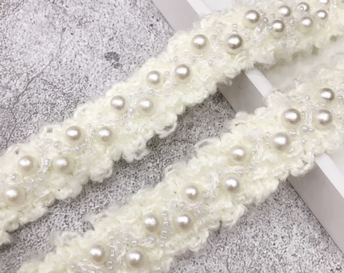 Pearl Beaded Lace Trim, Costume Design Embellishment, Sold by 1 Yard