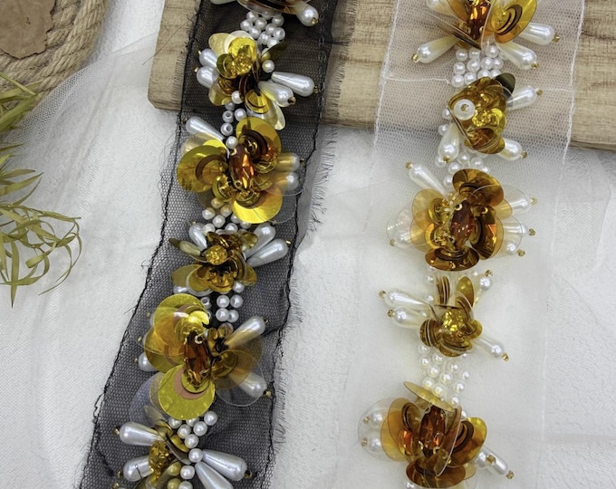 Floral Beaded Lace Trim, DIY Crafts, Sold by 1 Yard