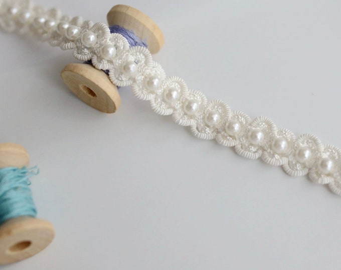 Pearl Beaded Lace Trim, Bridal Costume Embellishment, Sold by 1 Yard