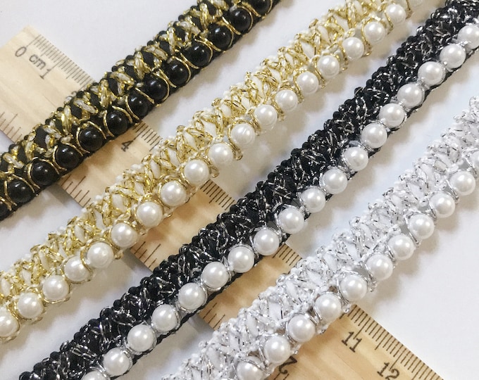 Pearl Beaded Lace Trim, Costume Design Embellishment, Sold by 1 Yard