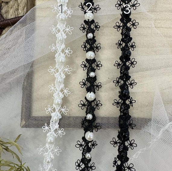 Black & White Lace Trim, Pear beaded trim, Hollow-Out Design, DIY Clothing Edge, Hanfu Accessory, Vintage-Inspired Craft Ribbon Sold by yard