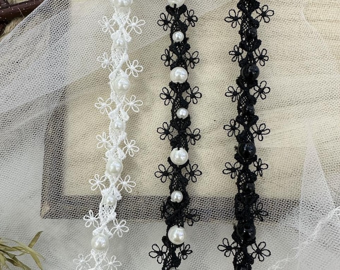 Pearled Black Lace Trim, Hollow-Out Design, Craft Ribbon (Sold by yard)
