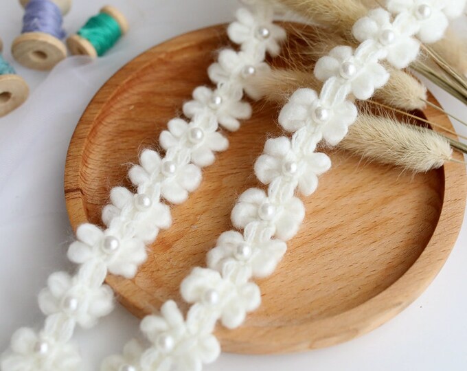 Floral Pearl Lace Trim, Sewing Embellishment, Bridal Trim (1 Yard)