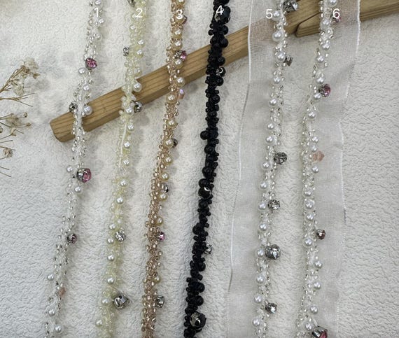 Rhinestone beaded pearlet Ribbon trim for costume design sewing embellishment bridal trim dress coat cuff collar Sold by 1 yard