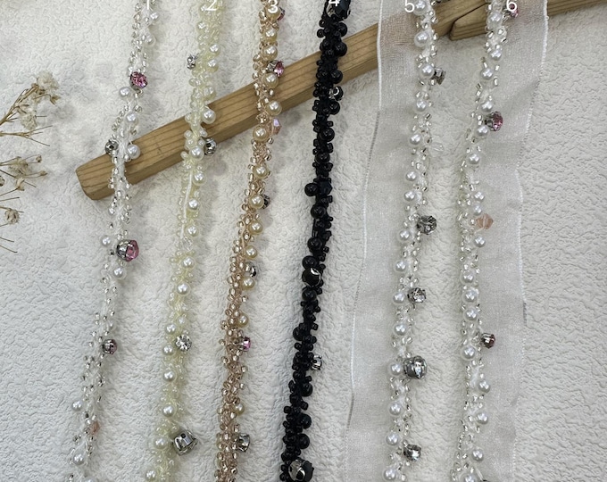 Rhinestone Pearlet Lace Trim, Bridal Costume Embellishment (Sold by 1 Yard)