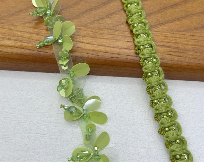 Green Beaded Trim, Costume Design, Sewing Embellishment (1 Yard)