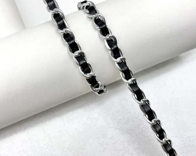 Black Leather Chain with Silver Links
