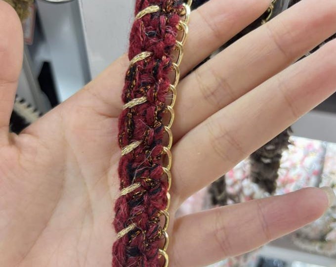 Red Tweed Lace Trim with Gold Chain, Costume Embellishment, Sold by 1 Yard