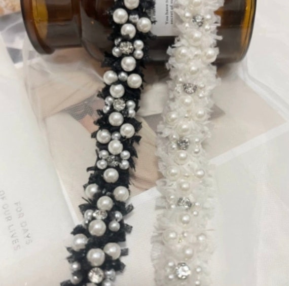 Pearl Rhinestone Ribbon trim, decor trimming for costume design sewing bridal trim headwear dress coat cuff bag home deco Sold by 1 yard