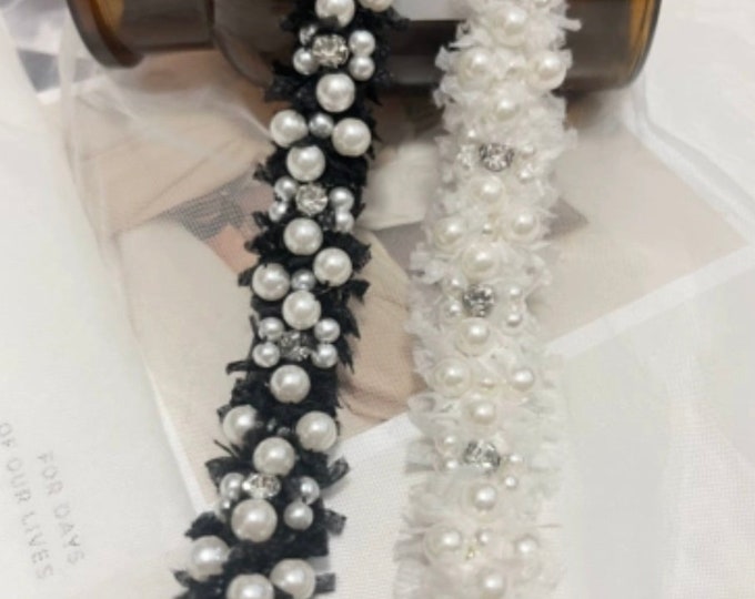 Pearl Rhinestone Ribbon Trim, Costume Design, Bridal Sewing, 1 Yard