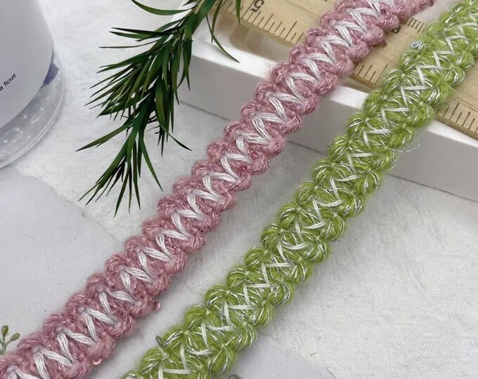 Green Pink Braided Lace Trim, Costume Design, Home Decor, Sold by 1 Yard