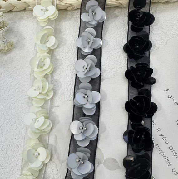 Black Sequins Lace trim, 3D floral trim for costume design sewing embellishment bridal trim dress coat cuff collar Sold by 1 yard
