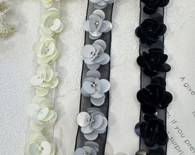 Black Sequins Floral Lace Trim, Costume Design, Sold by 1 Yard