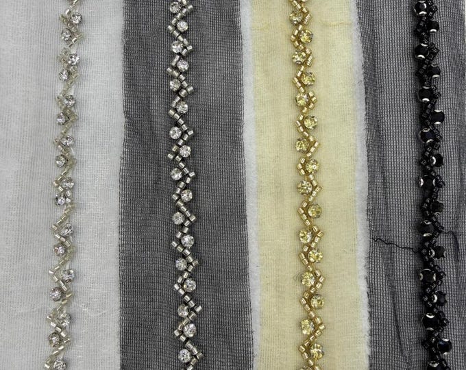 Rhinestone Beaded Lace Trim, Costume Design Embellishment, Sold by 1 Yard