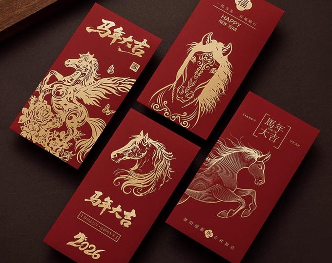 Year of the Horse 2026 Gold Foil Red Envelopes, Lucky Money Gift Red Packets
