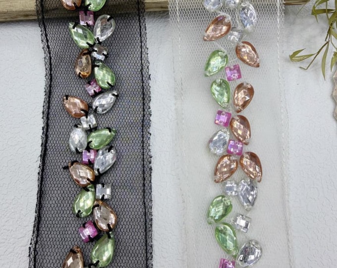 Colorful Rhinestones Beaded Lace Trim, Costume Design Embellishment, Sold by 1 Yard
