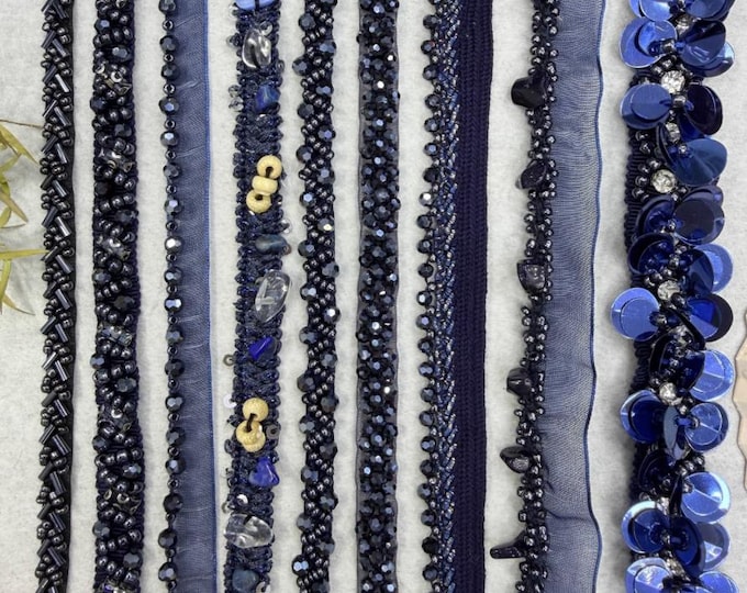 Dark Blue Sequin Beaded Lace Trim, Couture Bridal Embellishment Sold by 1 Yard
