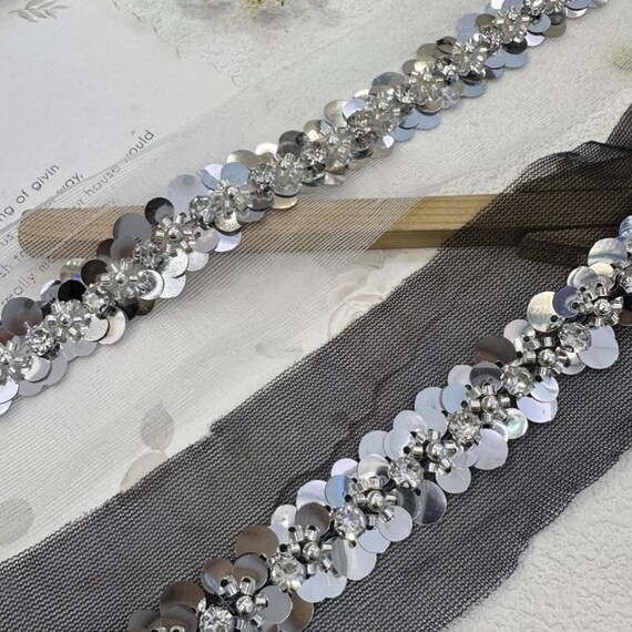 Sequins Lace trim, Beaded trim, Rhinestone trim for costume design sewing embellishment bridal trim dress coat cuff collar Sold by 1 yard