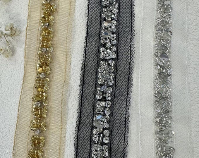 Sequin Rhinestone Lace Trim, Embellishment Bridal Trim, Sold by 1 Yard