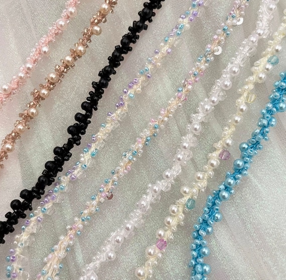 Beaded Ribbon trim, decor trimming for costume design sewing embellishment bridal trim dress coat cuff collar bag home deco Sold by 1 yard