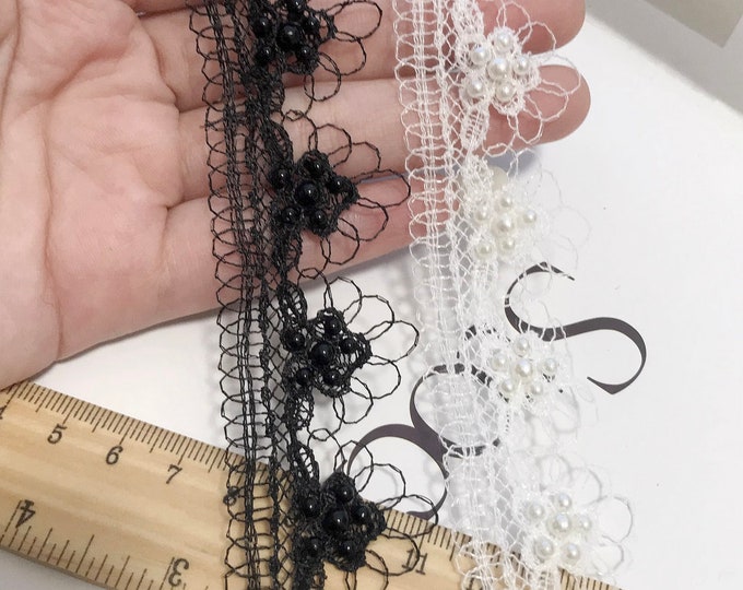 Beaded Floral Lace Trim, Costume Design Embellishment (Sold by 1 Yard)