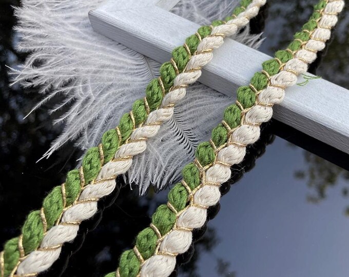 Braided Ribbon Trim, Green & Beige, Costume Embellishment, Sold by 1 Yard