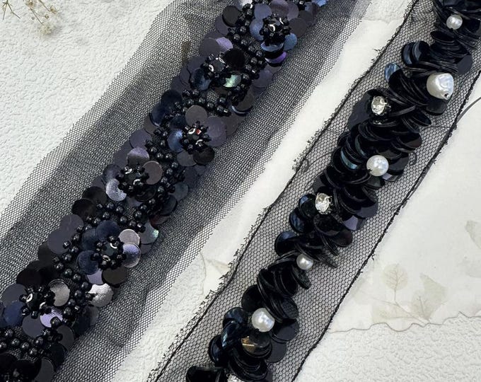 Sequin Lace Trim, Beaded Rhinestone Embellishment, Bridal Costume Design (1 Yard)