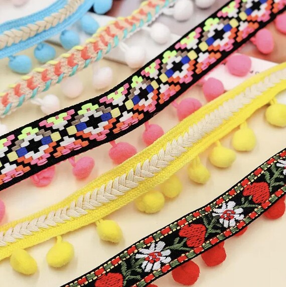 PomPom Tassel Fringe Lace trim ribbon for costume design bridal trim headwear dress coat cuff collar bag home deco 2 yards