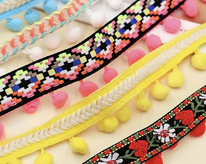 PomPom Tassel Trim: Colorful Fringe Ribbon, 2 Yards