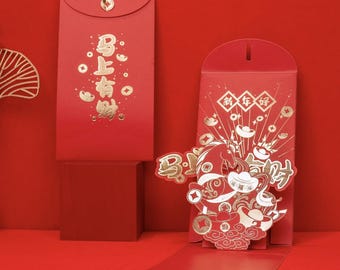 Envelopes vermelhos 3D do Ano do Cavalo de 2026 - Pacotes da Sorte para Dinheiro