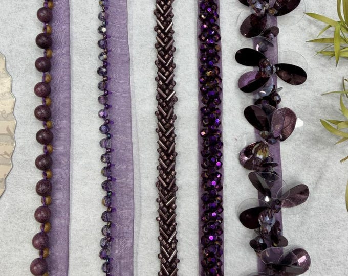 Purple Beaded Trim, Costume Design, Sewing Embellishment (1 Yard)