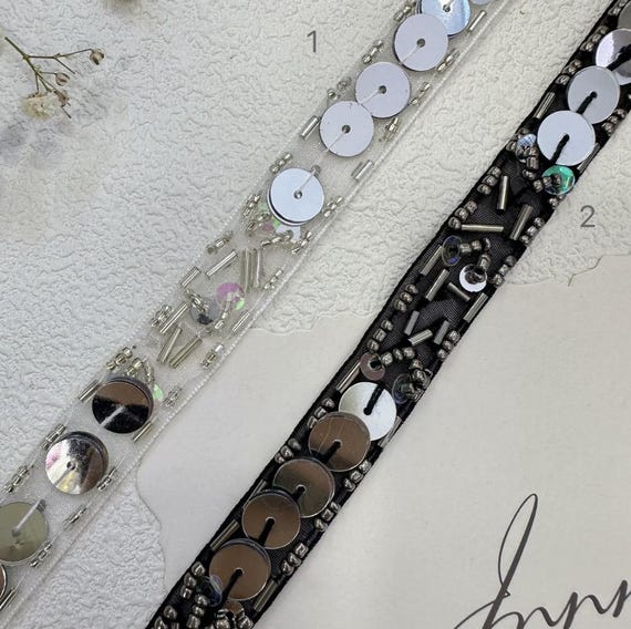 Sequins Lace trim, Beaded trim for costume design sewing embellishment bridal trim dress coat cuff collar Sold by 1 yard
