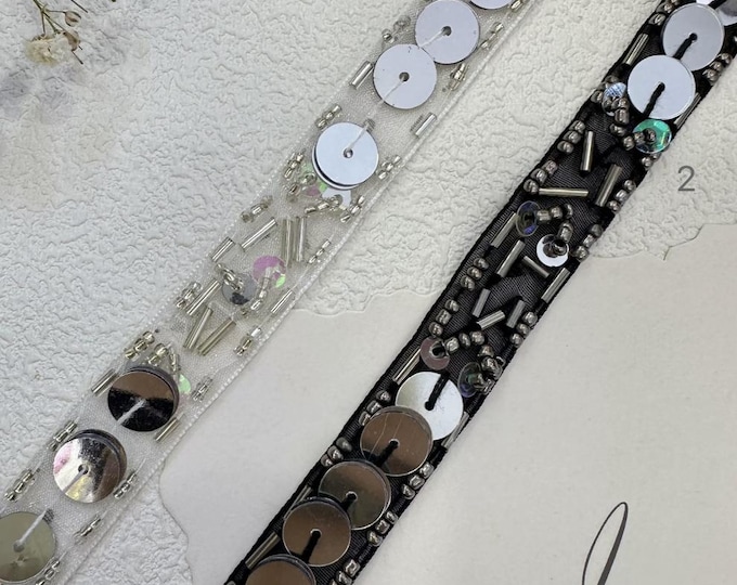 Sequin Beaded Lace Trim, Costume Design Embellishment, Sold by 1 Yard