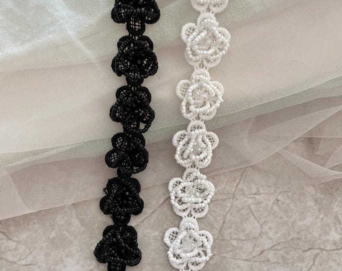 Beaded Flower Lace Trim, Costume Embellishment, Sold by 1 Yard