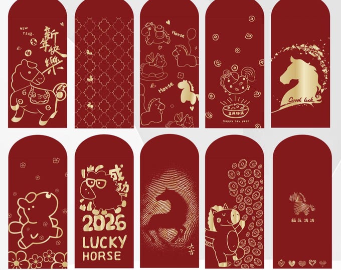 2026 Year of the Horse Red Envelopes, Gold Foil Lucky Money Packets