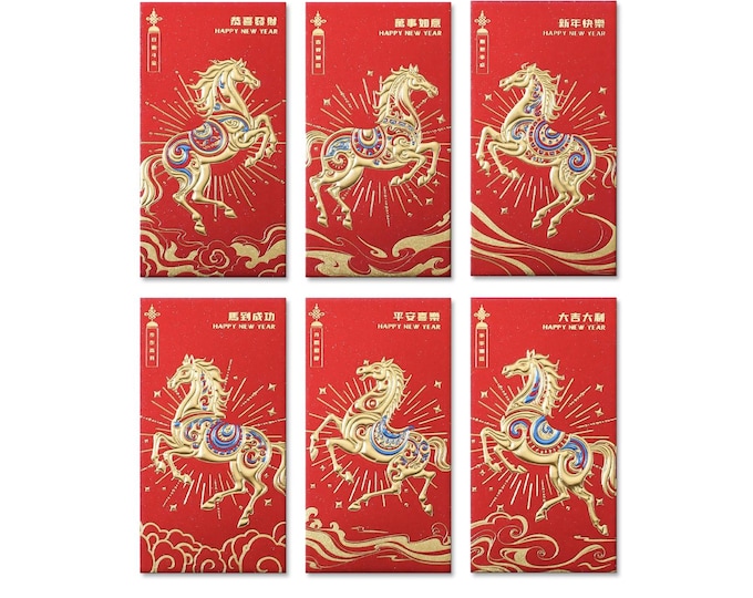 2026 Year of the Horse Red Envelopes, Gold Foil Lucky Money Packets