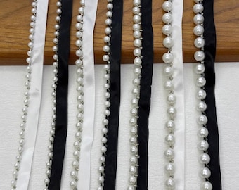 Adorno de encaje con cuentas de perlas, para coser, vendido por 1 yarda
