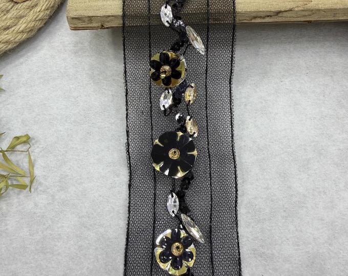 Floral Beaded Lace Trim, Costume Design Embellishment, Sold by 1 Yard