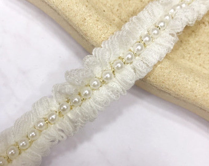 Pearl Beaded Lace Trim, Sewing Embellishment, Costume Design (1 Yard)