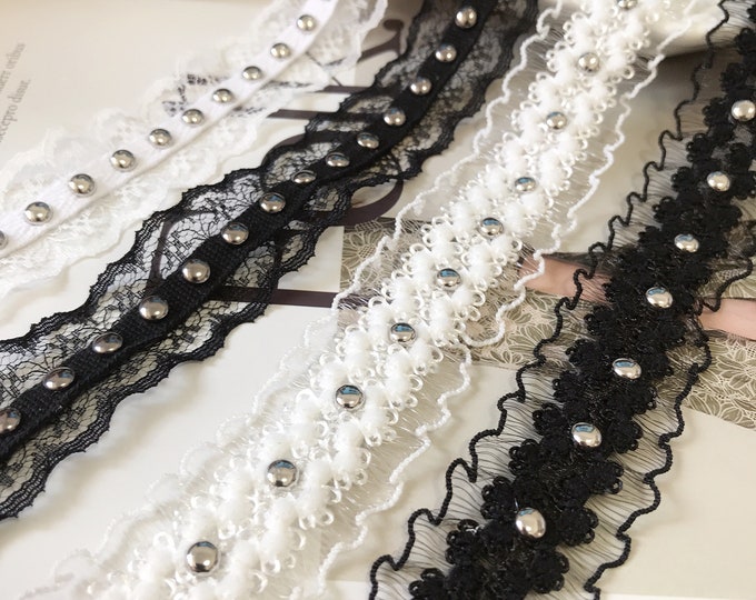 Studded Lace Trim, Costume Design Embellishment, Sold by 1 Yard