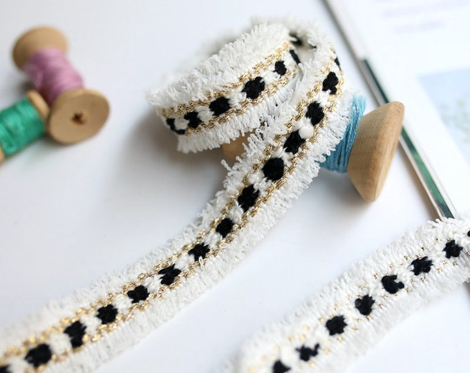 White Lace Trim with Black Pom Poms, Costume Design, Sold by 1 Yard