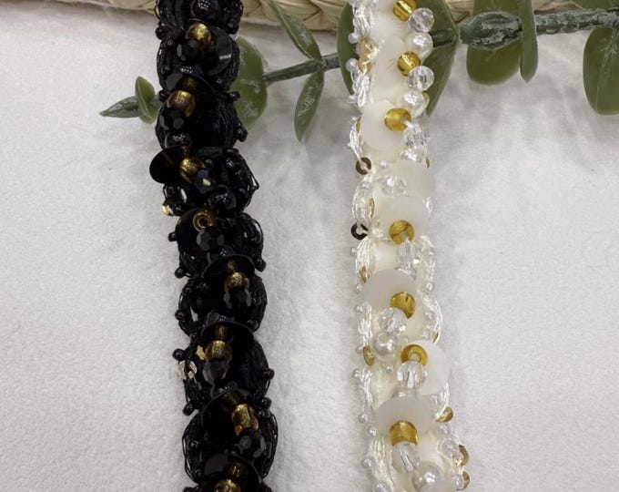 Beaded Lace Trim Ribbon, Costume Design, Bridal Headwear - Sold by 1 Yard