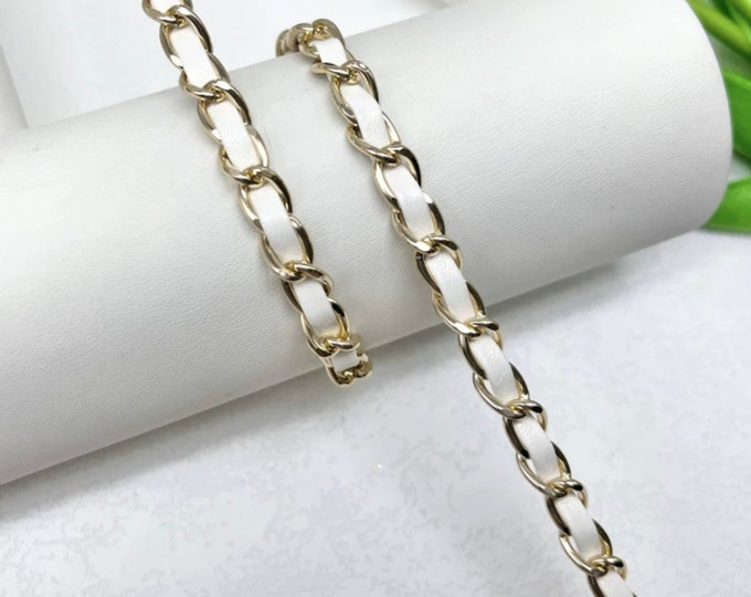 White Leather Braided Chain with Gold Links
