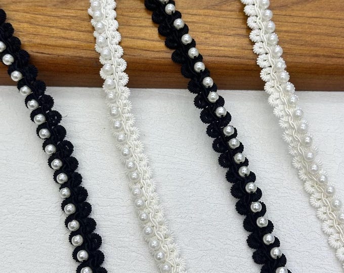 Pearl Beaded Lace Trim, Costume Design Embellishment, Sold by 1 Yard