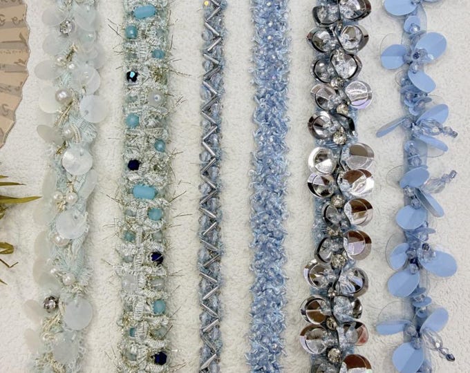 Blue Sequin Beaded Lace Trim, Couture Bridal Embellishment Sold by 1 Yard