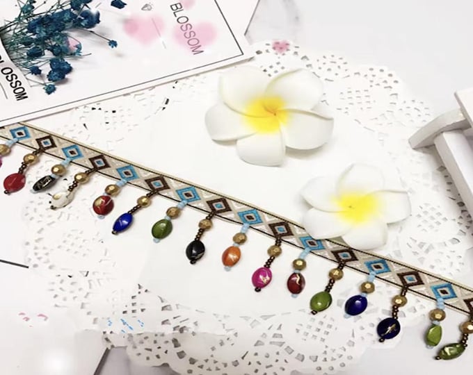 Beaded Tassel Lace Trim: Colorful Costume, Bridal, Home Decor (1 Yard)