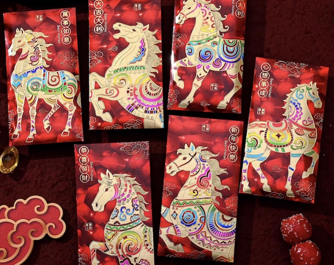 2026 Year of the Horse Red Envelopes, Gold Foil Lucky Money Packets