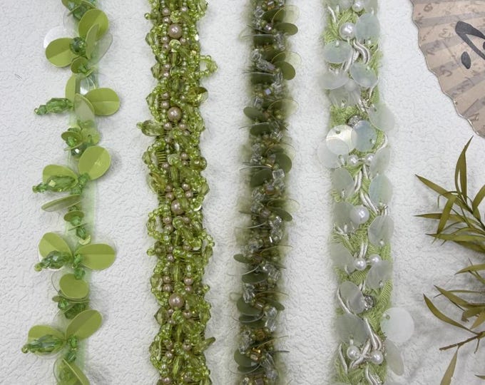 Green Beaded Trim, Costume Design, Sewing Embellishment (1 Yard)