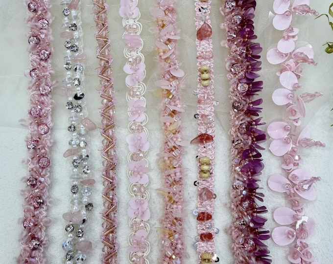 Pink Sequin Beaded Lace Trim, Couture Bridal Embellishment Sold by 1 Yard