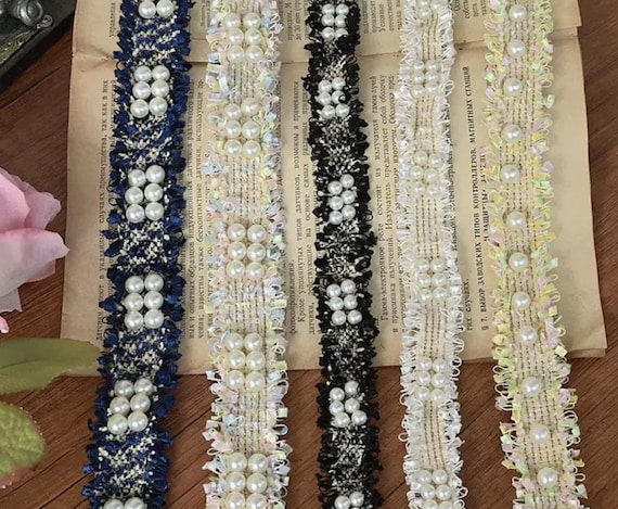 Pearlet Beaded Lace trim for costume design sewing embellishment bridal trim dress coat cuff collar Sold by 1 yard